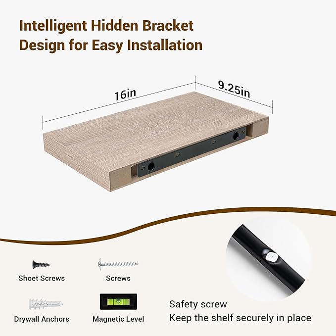 16 Inch Floating Shelves, 3D Textured Wood Grain, 16"x9.25"x1.5" Inch Deep Floating Shelves for Wall, Wooden Shelves for Bathroom, Bedroom, Living Room, Vintage White Oak, 2 Pieces