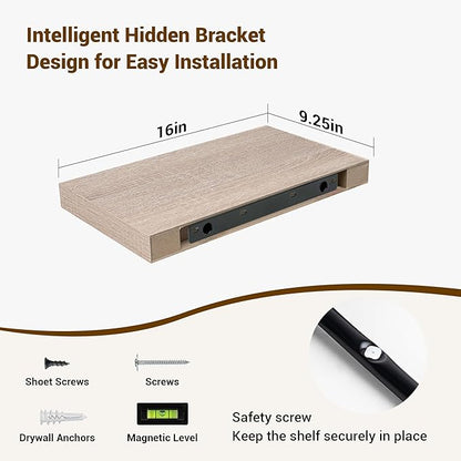 16 Inch Floating Shelves, 3D Textured Wood Grain, 16"x9.25"x1.5" Inch Deep Floating Shelves for Wall, Wooden Shelves for Bathroom, Bedroom, Living Room, Vintage White Oak, 2 Pieces