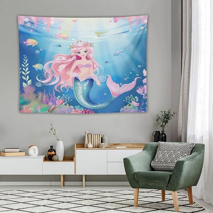 HZOHNAGO Mermaid Girls Tapestry Watercolor Mermaid Princess Pattern Printed Wall Tapestry Wall Hanging for Bedroom Living Room Dorm 80" W x 60" H
