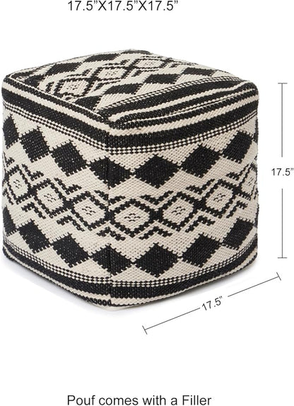 REDEARTH · Tufted Pouf Ottoman with Filler Textured Storage Cube Bean Bag Pouffe Footrest for Living Room, Bedroom, Nursery, Kidsroom; 100% Cotton (17.5"X17.5"X17.5", Linear Diamond Black)