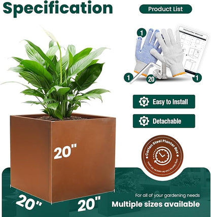 Corten Steel Planter Box Outdoor Planter Metal Square Large Steel Flower Pot Rustic Cube Patina Tall Plant 20 Inch Durable Antique for Commercial Residential Patio Deck Yard Garden