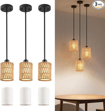 Pendant Light Boho Hanging Lamp - Rattan & Linen 2-in-1 Shade, Adjustable Hanging Lights Fixture for Kitchen Island, Dining Room, Farmhouse, Bedroom (3 Pack)