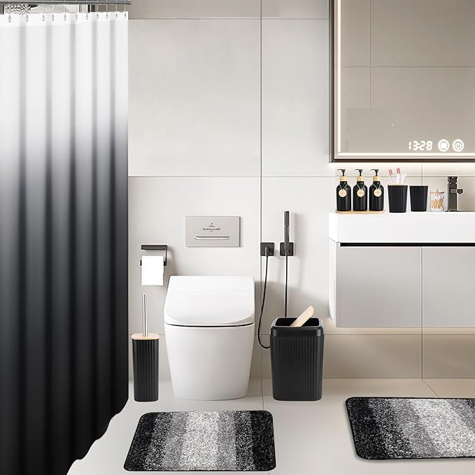 32PCS Bathroom Sets with Shower Curtain and Rugs,Bathroom Set Black Bathroom Accessories Black Shower Curtain Set with Bathroom Trash Can