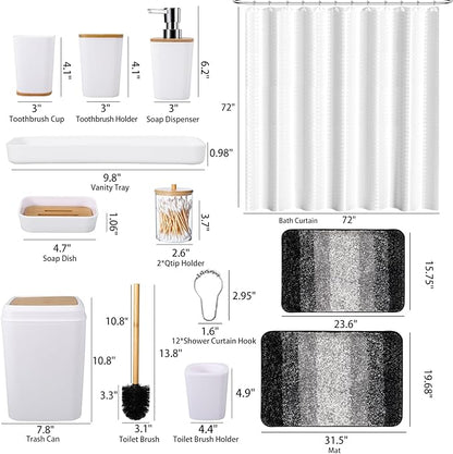 White Bathroom Sets Accessories with Waffle Shower Curtain and Bath Mats,Bathroom Sets with Trash Can,Toothbrush Holder,Toothbrush Cup,Soap Dispense,Tray,Soap Dish,Toilet Brush,Qtip Holder