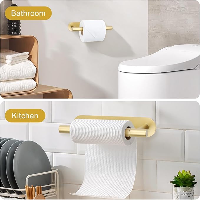 Self Adhesive Brushed Gold Toilet Paper Holder, SUS304 Stainless Steel Toilet Roll Holder, Double Base Paper Towel Holder Wall Mount No Drilling for Bathroom, Kitchen, Washroom