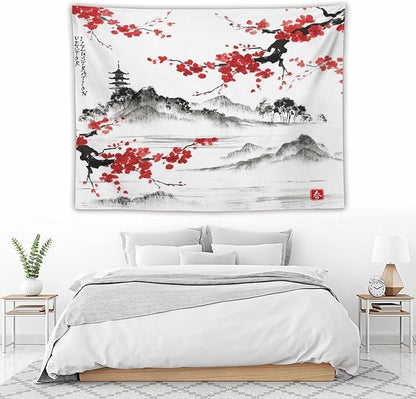 Cherry Blossoms Tapestry, Japanese Fuji Mountain Tapestry, Asian Japanese Wall Tapestry, Nature Landscape Tapestries for Bedroom Living Room Decor 80"x60"
