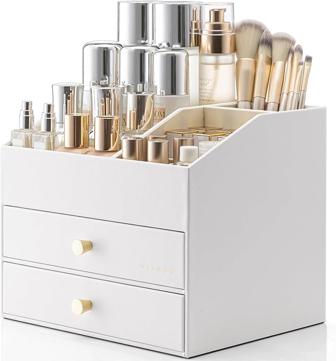 Vlando Makeup Organizer for Vanity,Large Capacity Countertop Organizer with Drawers, PU Leather Cosmetic Display Case for Lipstick,Brushes,Skincare,Nail polish and Bedroom Storage (White)