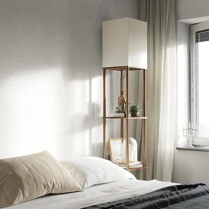SUNMORY Floor Lamp with Shelves, Modern Square Standing Lamp with 3 Color Temperature Bulb, Corner Display Bookshelf Lamp for Living Room and Bedroom (Rustic Brown)
