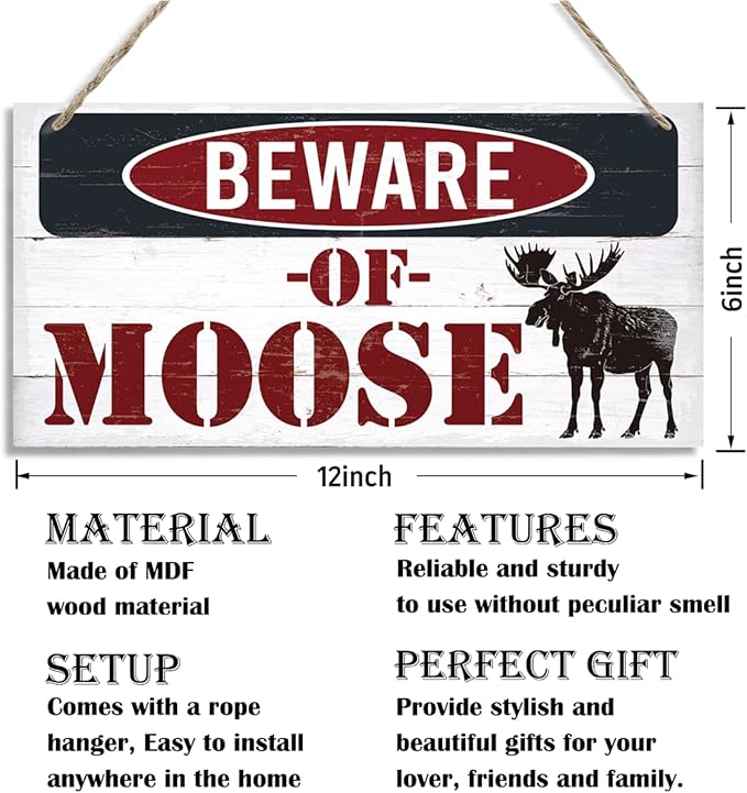 Vintage Moose Warning Sign - Decorative Wooden Plaque for Cabin, Lake House, Farmhouse Wall Decor