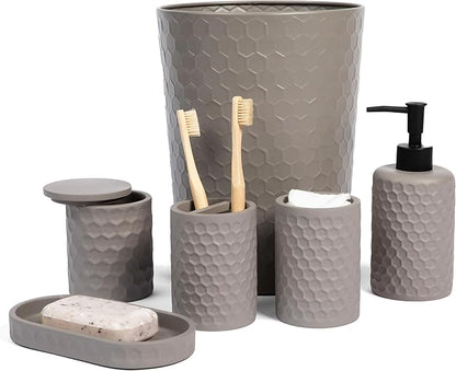zccz 6 Piece Bathroom Accessories Set, Toothbrush Holder, Toothbrush Cup, Soap Dispenser,Bathroom Vanity Tray, Qtip Holder, Trash Can - Cement