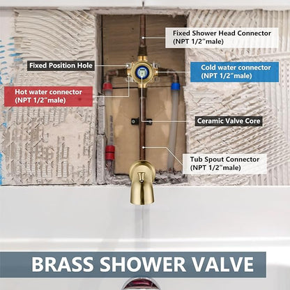 Aolemi Tub Shower Faucet Set with Tub Spout Rain Shower Head System Shower Trim Kit Pressure Rough-in Valve Included ABS 8 Setting Dual Shower Head and Handheld Spray Brushed Gold