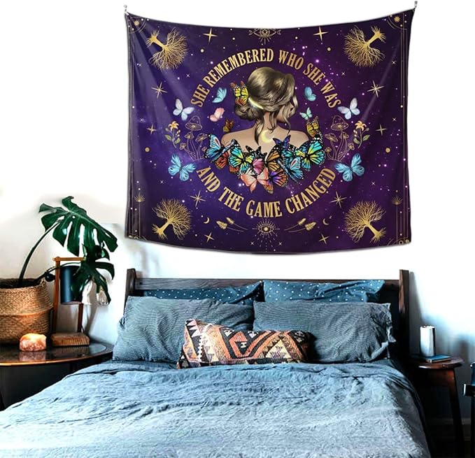 Inspirational Quote Tapestry She Remembered Who She Was And The Game Changed Positive Quotes Wall Decor,Uplifting Encouragement Gifts Inspirational Gift for Women Girls Tapestry for Bedroom 60"x50"