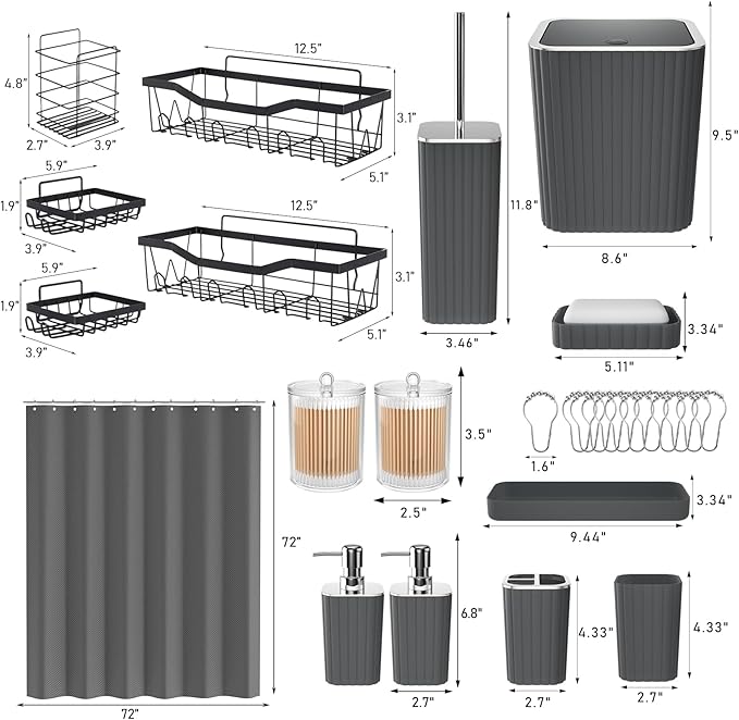 28PC Bathroom Accessories Set - Gorgeous Grey Bathroom Set with Shower Caddy and Shower Curtain, Bathroom Accessory Set, Trash Can & Soap Dispenser