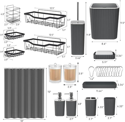 28PC Bathroom Accessories Set - Gorgeous Grey Bathroom Set with Shower Caddy and Shower Curtain, Bathroom Accessory Set, Trash Can & Soap Dispenser