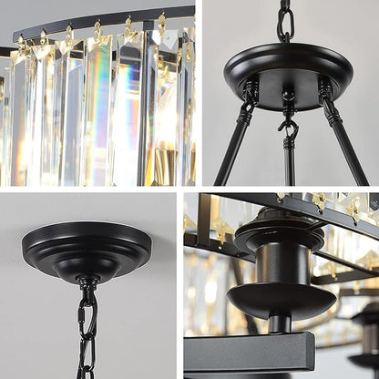 Vintage Crystal Chandelier Black 6 Lights Hanging Ceiling Light Fixture Iron Frame Pendant Lighting for Farmhouse Decoration Dining Table Living Room