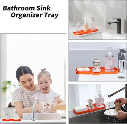 Silicone Bathroom Soap Dishes with Drain Spout-Bathroom and Kitchen Sink Organizer,Sponge Holder,Dish Soap Tray,Perfect for Dispenser,Scrubber,Bottle,Cup on Sink or Counter-Orange 12"×4"