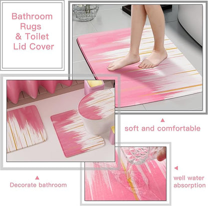 32PCS Bathroom Sets with Shower Curtain and Rugs-Grey Bathroom Accessories,Non Slip Bathroom Rugs Set with Toilet Lid Cover, Waterproof Shower Curtain, 3PC Soap Dispenser with Trash Can