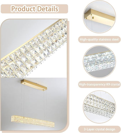 Rectangle Crystal Chandelier Modern Gold Crystal Chandelier Rectangular Pendant Lighting Fixture for Dining Room Kitchen Island Bedroom (L 40")