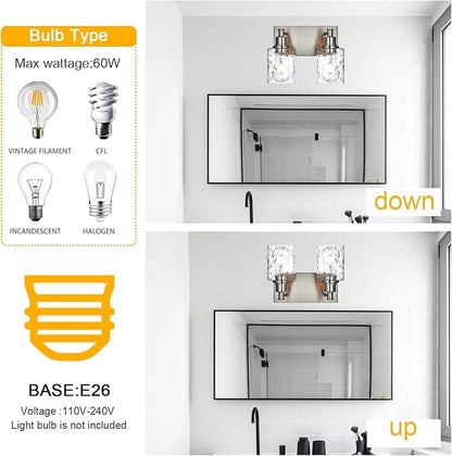 BONLICHT Modern Bathroom Light Fixtures in Brushed Nickel Finish, 2 Light Industrial Indoor Wall Sconce Farmhouse Vanity Lighting Over Mirror with Hammered Glass Contemporary Hallway Wall Mount Lamp