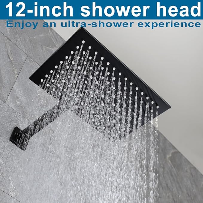 POP SANITARYWARE Black Shower Faucet Set Rainfall 12 Inch Shower Head, Wall Mounted Bathroom Shower System Single Function Shower Trim Kit with Valve, Matte Black