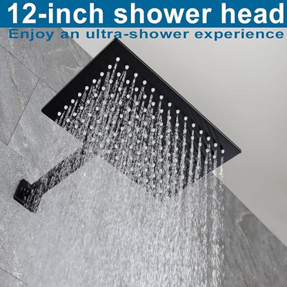 POP SANITARYWARE Black Shower Faucet Set Rainfall 12 Inch Shower Head, Wall Mounted Bathroom Shower System Single Function Shower Trim Kit with Valve, Matte Black