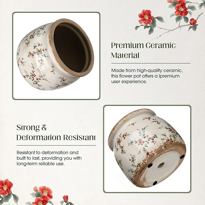 Vintage Planter Large Ceramic Plants Pot Beige Red Rustic Floral Ice Crack Cottage Scroll Vase Flower Vase Pot Indoor Plants Home Kitchen Decor Farmhouse Antique Decorative Gifts