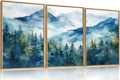 Celestdeco Blue Ridge Mountains Forest Framed Canvas Wall Art Set, Natural Landscape Wall Decor, Green Pine Trees Wall Painting, Woodland Artworks for Living Room, Bedroom, Dining Room - 24"x36"x3