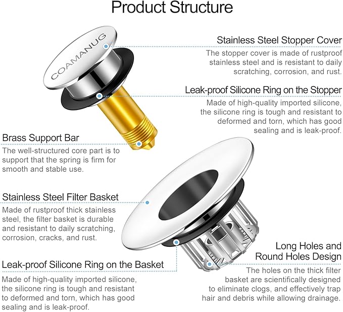 Bathtub Stopper | Shower Drain Hair Catcher, Pop-up Tub Stopper with Strainer | Bathroom Drain Plug | Drain Protector for 1-1/2 to 1-3/4"" Bath Drain Hole