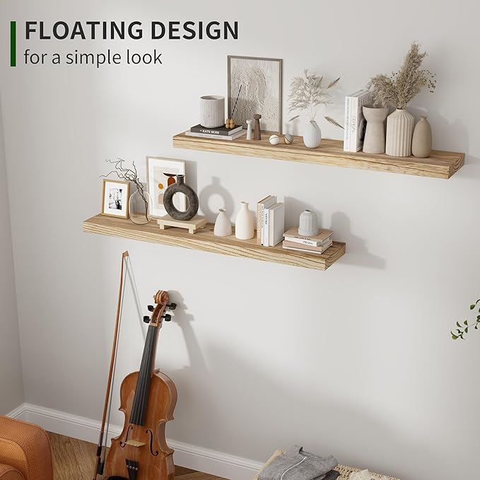 Wood Floating Shelves for Wall Set of 2, 36 Inch Wide Rustic Wooden Floating Shelves, Invisible Wall Mounted Display for Living Room Bedroom Kitchen Bathroom Office, Carbonized Black
