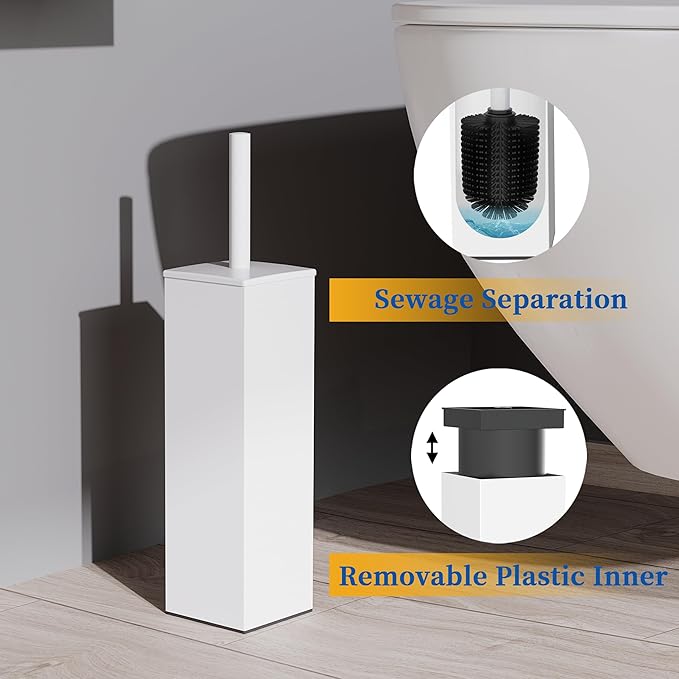 RUACQ Toilet Brush and Holder Set 2pcs,Square Toilet Bowl Brush for Bathroom with 304 Stainless Steel Handle Toilet Cleaner Brush with Durable Scrubbing Bristles,Splash-Proof (White)