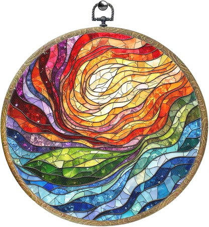 Colorful Boho Rainbow Geometric Spiral Sun Art Gift Framed Round Wall Decor Canvas Wall Art Hanging Prints Artwork for Home Office Bathroom Bedroom Living Room Decorations 10.2X10.2 Inch