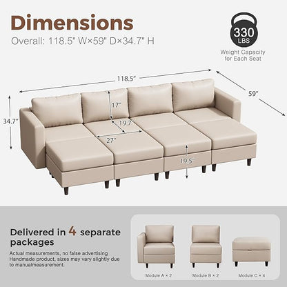 118.5" Luxury Modular Sleeper Sofa Bed with Storage Seat, 8 Seat Sectional Couch Deep Seat with Reversible Chaises & Removable Cover - Whitesand Faux Leather