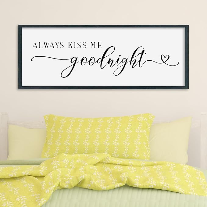 SRSZHIYUE Always Kiss Me Goodnight Sign Wall Decor Art for Master Bedroom Above Bed 40"×15" Large Wood Framed Wall Hanging (Black)