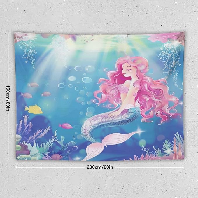 HZOHNAGO Mermaid Girls Tapestry Watercolor Mermaid Princess Pink Hair Pattern for Kids Room Decoration Printed Wall Tapestry Wall Hanging for Bedroom Living Room Dorm 80" W x 60" H