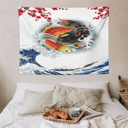 Houselerax Koi Fish Tapestry, Japanese Style Yin Yang Big Wave Cherry Blossoms Tapestries Wall Hanging for Bedroom Living Room Office Decor 40"x30"