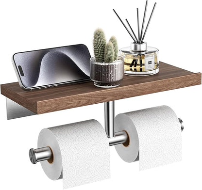 Tindbea Rustic Double Toilet Paper Holder with Walnut Wood Shelf, Farmhouse Toilet Paper Holder Brushed Nickel Stainless Steel Bathroom Tissue Roll Holder