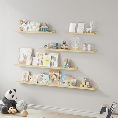 SAUMONIERES Picture Ledge Shelf Floating Book Shelves Set of 2 Wall Mounted Solid Wood for Bedroom Bathroom Living Room Kitchen, 48 Inch Natural