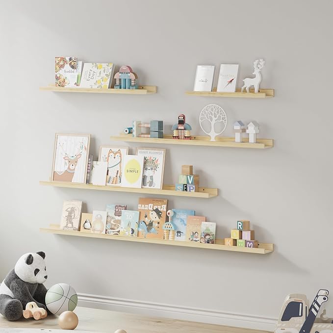 SAUMONIERES Picture Ledge Shelf Floating Book Shelves Set of 2 Wall Mounted Solid Wood for Bedroom Bathroom Living Room Kitchen, 24 Inch Natural