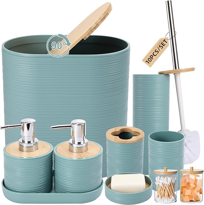 Blue Bathroom Set, Light Blue Bathroom Accessories Set with Trash Can, 2PCS Soap Dispensers, Soap Dish, Toothbrush Holder, Toothbrush Cup,Toilet Brush, Tray and Qtip Holders for Bathroom Decor