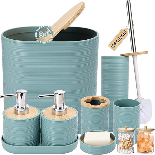 Blue Bathroom Set, Light Blue Bathroom Accessories Set with Trash Can, 2PCS Soap Dispensers, Soap Dish, Toothbrush Holder, Toothbrush Cup,Toilet Brush, Tray and Qtip Holders for Bathroom Decor