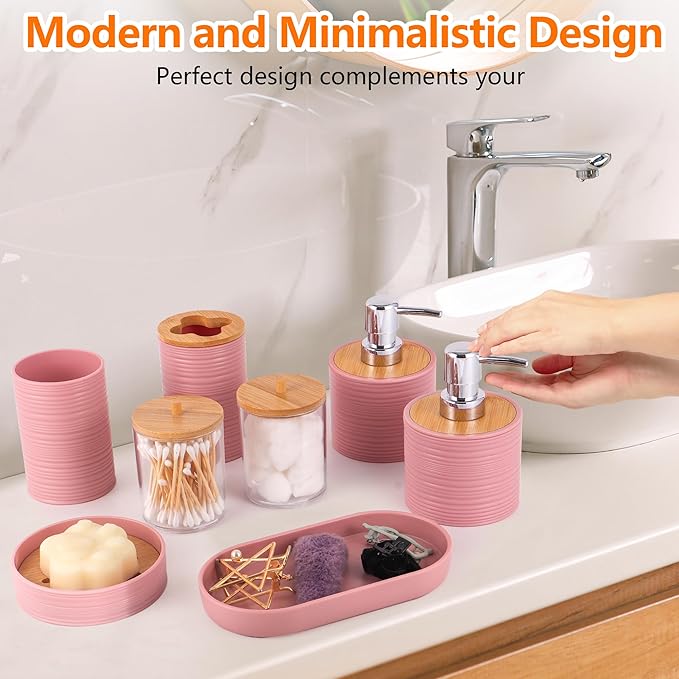 Bathroom Accessory Set,10 PCS Pink Bathroom Accessories Set with Trash Can, Toothbrush Holder, Soap Dispenser, Toothbrush Cup, Vanity Tray, Soap Dish, Toilet Brush, Qtip Holders