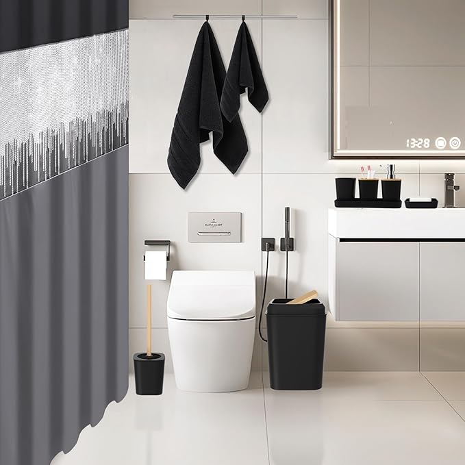 Black Bathroom Accessories with Glitter Shower Curtain,Towel Set 24 PCS Bathroom Set with Shower Curtain Set Bathroom Set Black Shower Curtain with Bathroom Trash Can
