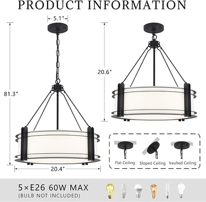 20.4''Drum Chandelier,5-Light Fabric Modern Chandeliers,Black Farmhouse Round Pendant Light Fixture for Dining Room Kitchen Island Living Room Bedroom Hallway