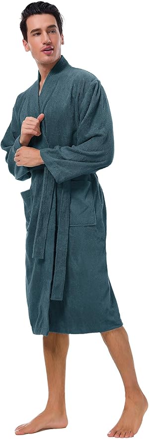 SIORO Mens Robe Terry Cloth Kimono Bathrobe Cotton Soft Shower Towel Bath Robes Calf Length Housecoat for Spa Hotel Hot Tub