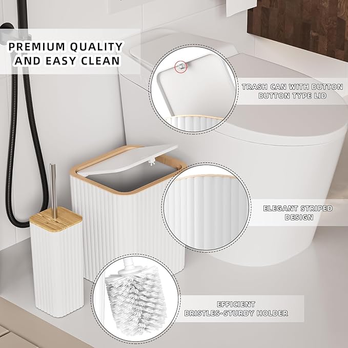 Bathroom Accessories Set - Elegant White Bathroom Set, 10PC Bathroom Accessory Set, Toilet Brush, Trash Can, Qtip Holder Dispenser & Soap Dispenser