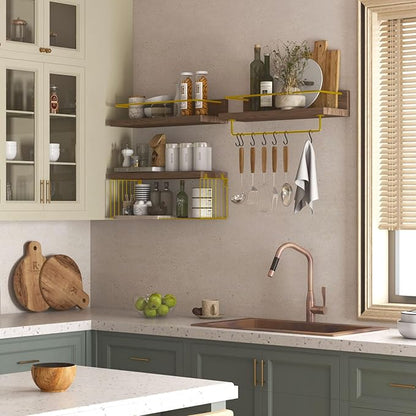 Bathroom Shelves Over Toilet for Wall, Floating Shelves with Storage Basket Paper Holer for Kitchen Living Room, Bedroom & Classroom, Set of 3 (Brown and Gold)