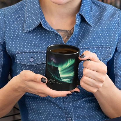 Customized Name Black Coffee Mug, Personalized Beautiful Northern Lights And Lighthouse Mug, Custom Mystical Ocean View Ceramic Cup, Gift For Women Men, Nature Themed Mug 11oz 15oz