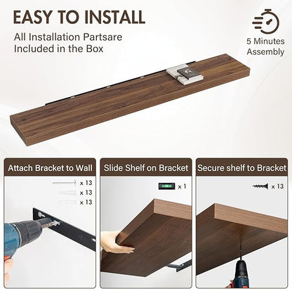 72 Inch Floating Shelves, 12" Deep Floating Shelf Wall Mounted, 72" Wall Shelves, Rustic Deep Bookshelf, Extra Deeper & Thicker Display Shelves for Bedroom, Living Room, Walnut, Set of 1