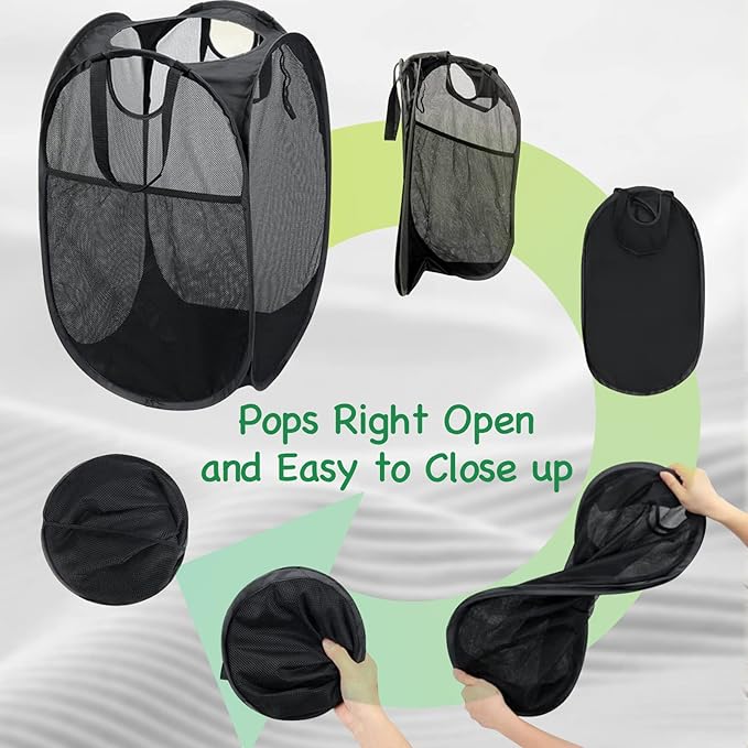 AQQA 6 Pcs Handy Laundry Collapsible Mesh Foldable Hampe (Black/White/Blue),Popup Laundry Basket with Durable Handles,Pop-up Mesh Hamper Dirty Clothes Basket for Kids Room, College Dorm or Travel