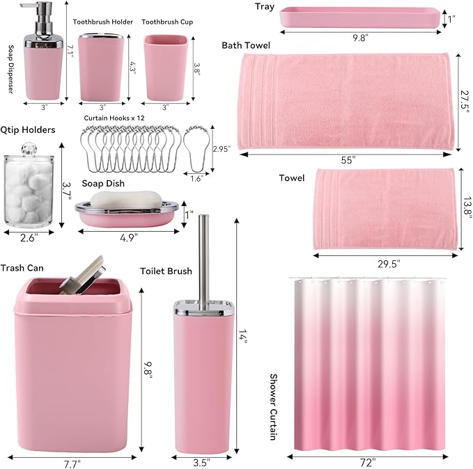 Pink Bathroom Accessories, 24 Pieces Pink Bathroom Accessories Set with Shower Curtain, Bath Towels, Trash Can, Soap Dispenser and Soap Dish for Bathroom/Housewarming